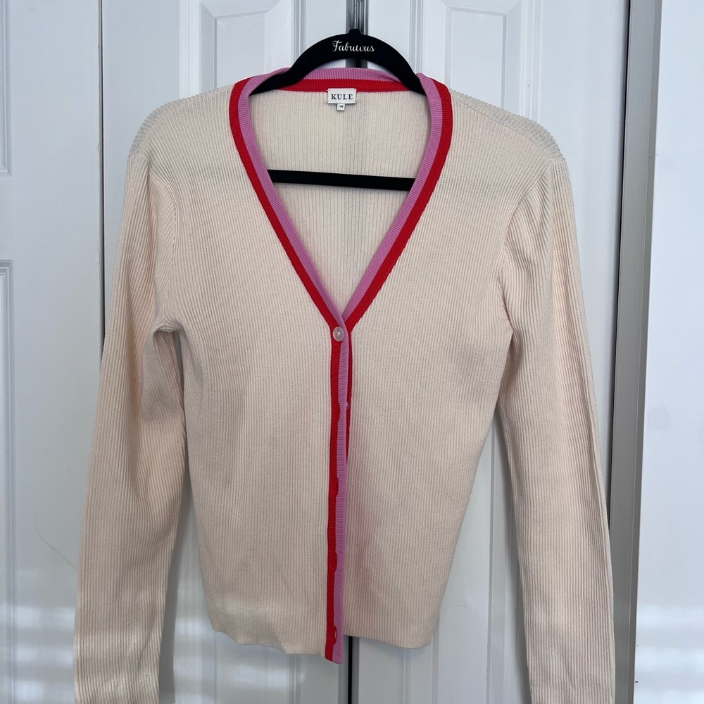 KULE Beige Cardigan with Vibrant Red Edging